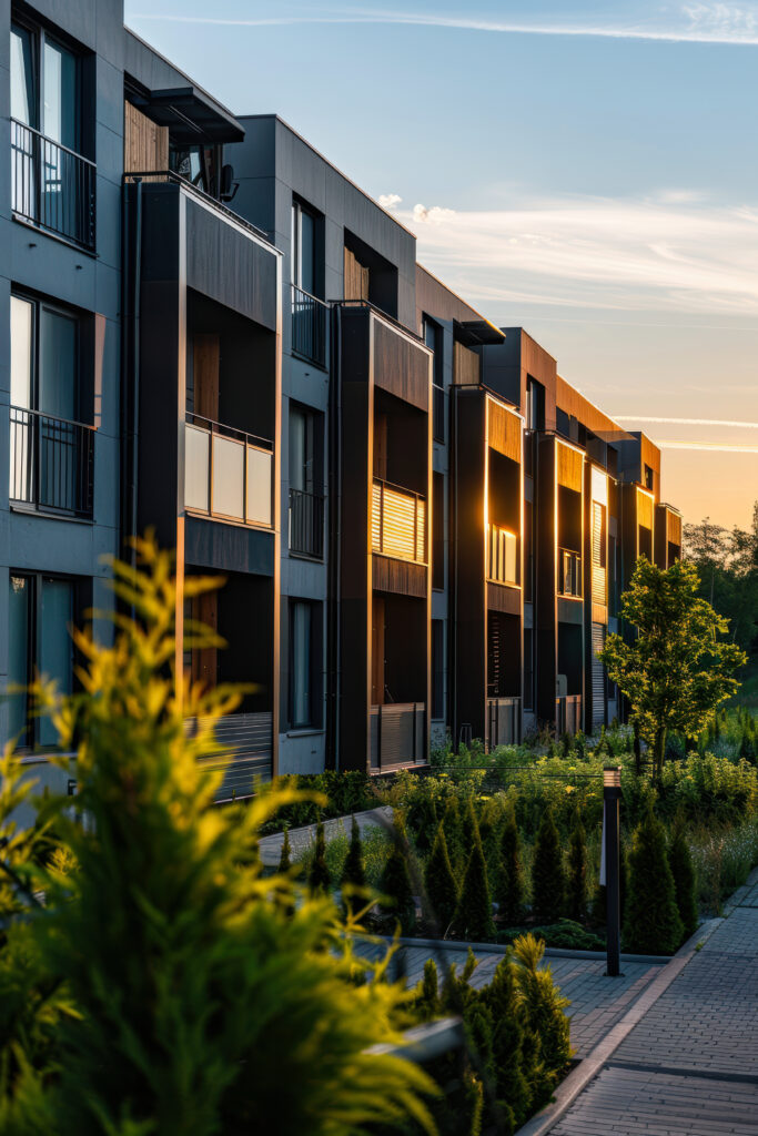 2 modern black houses along quiet urban street